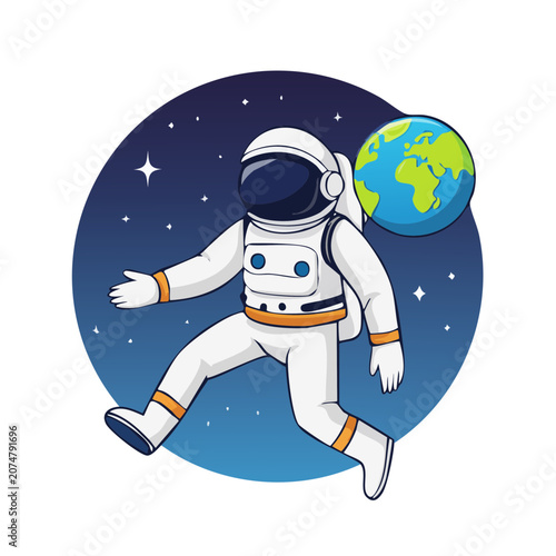 Cartoon astronaut floating in space with Earth
