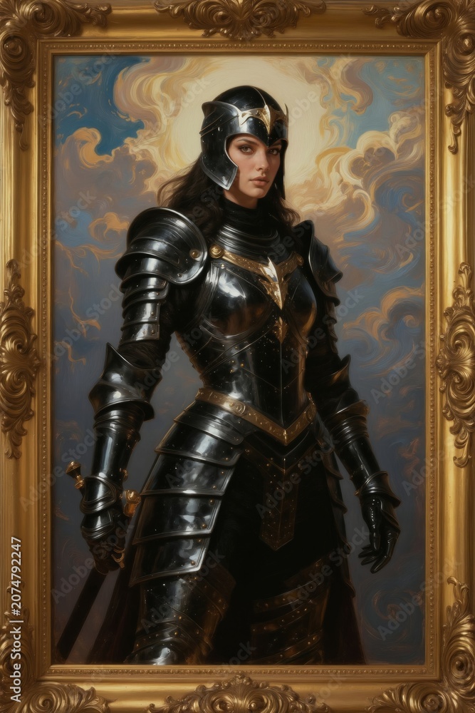 Fototapeta premium Oil painting portrait of stern woman in detailed black knight armor. Holds sword hilt with gloved hand, wearing ornate helmet. Sky clouds in background. Artwork shows warrior strength, fantasy theme.