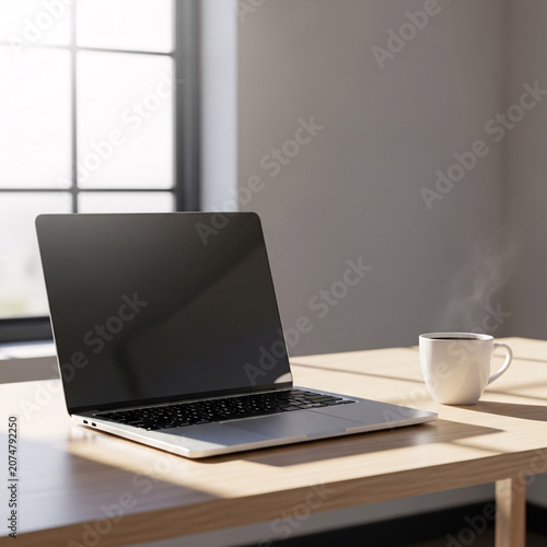 Modern Laptop and Steaming Coffee Mug on a Wooden Desk by a Sunlit Window