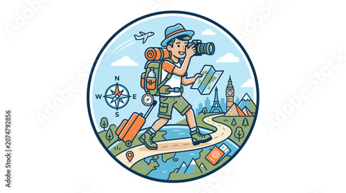 Man with a large camera hiking.