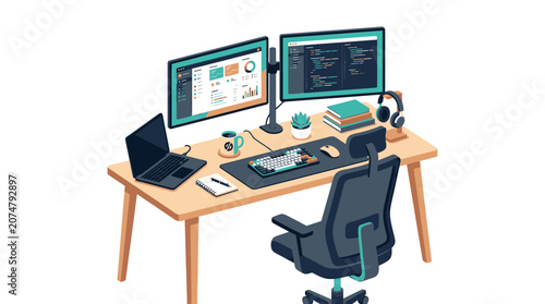 Office desk with computer equipment setup.