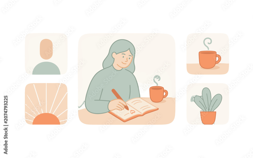 Fototapeta premium A woman is writing in her journal with a cup of coffee beside her.