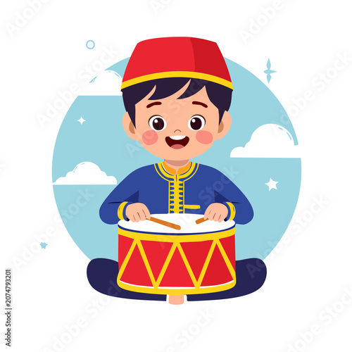 Happy boy in traditional clothing playing a drum