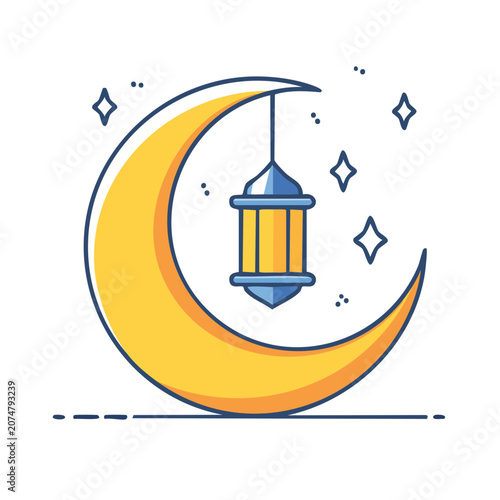 Lantern and Crescent Moon Illustration