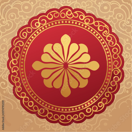 Ornamental Medallion with Golden Flower on Damask Background
