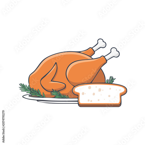 Roast Turkey with Bread and Herbs Flat Illustration