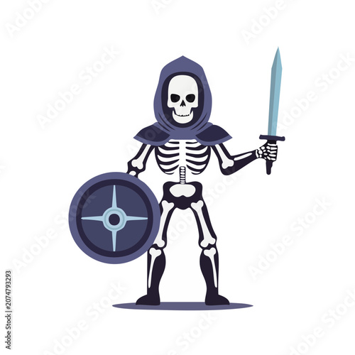Skeleton warrior with sword and shield flat vector illustration
