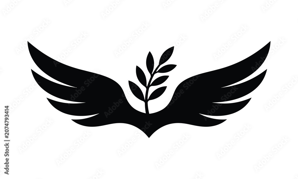 Fototapeta premium Black silhouette of bird wings with olive branch leaves centered on white canvas.