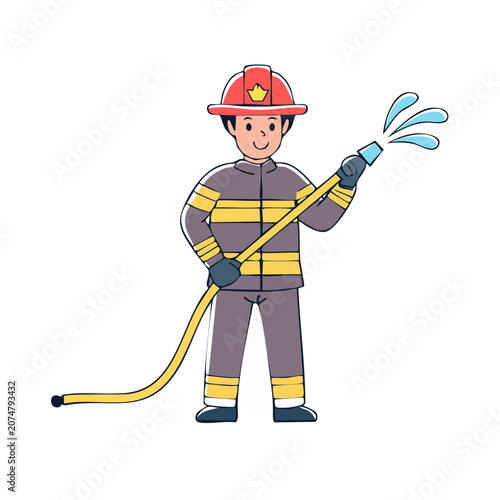 Cartoon firefighter with hose spraying water