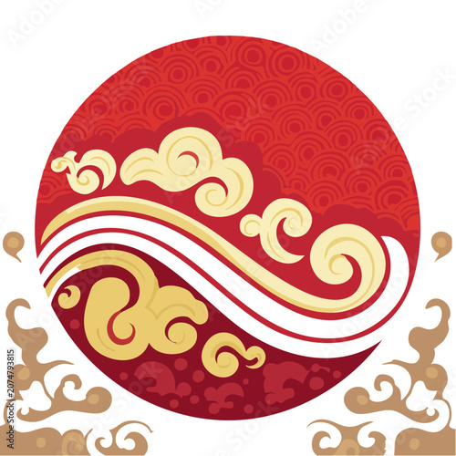 Oriental Yin Yang Symbol with Cloud and Wave Patterns