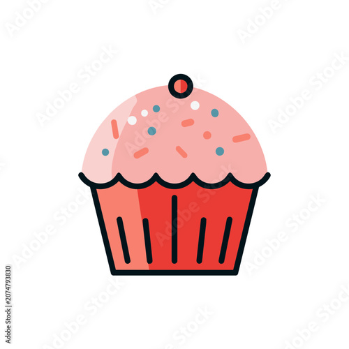 Pink cupcake with sprinkles and cherry vector illustration