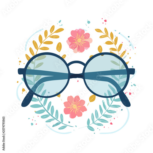 Round glasses with floral wreath illustration