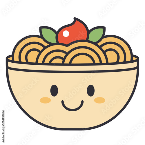 Smiling bowl of noodles with tomato and basil