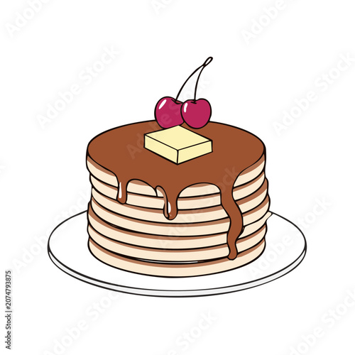Stack of pancakes with syrup, butter, and cherries