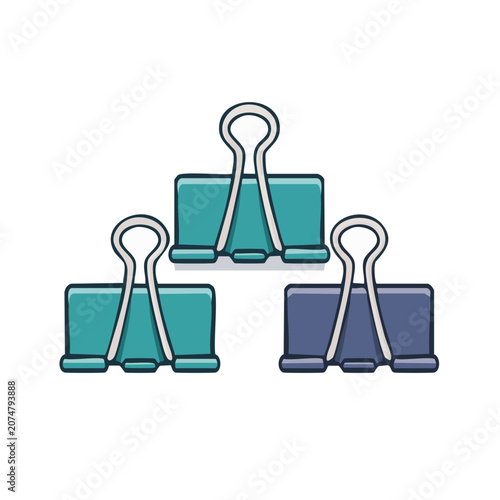 Three binder clips in teal and blue flat vector illustration