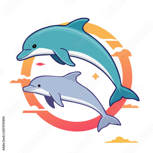 Two dolphins jumping in a circular sunset illustration