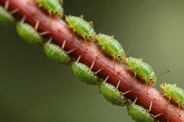 Macro photo of green aphids on plant stem. Tiny insects form colony on red stem with blurred green background. Pest infestation detailed view.