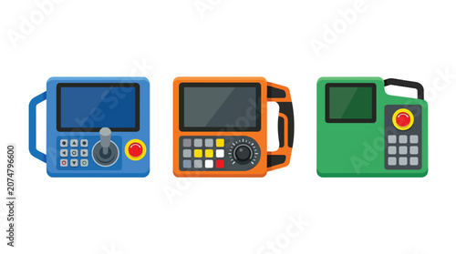 Industrial robot teaching pendants and handheld machine controllers in minimalist flat vector for factory automation training