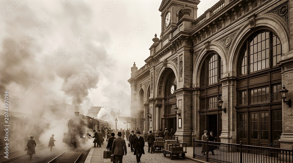 Obraz premium Vintage steam train arriving at a historic railway station in sepia tones