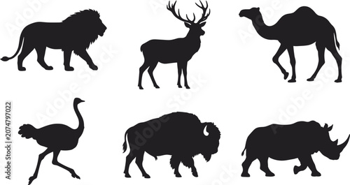 Canvas Print Global Wildlife and Safari Animals Black Silhouette Vector Set Featuring African