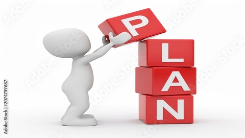 3D Business Planning Concept with Plan Letter Blocks and Strategic Planning Illustration