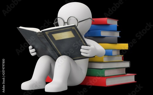 3D Student Reading Book with Stack of Books Education and Learning Concept