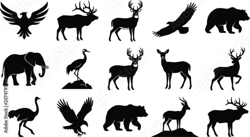 Canvas Print Wild Animals and Birds Black Silhouette Vector Icon Set Featuring Deer, Bear, Ea