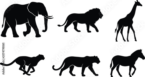 Photography African Safari Wild Animals Silhouette Vector Set Featuring Elephant, Walking Li