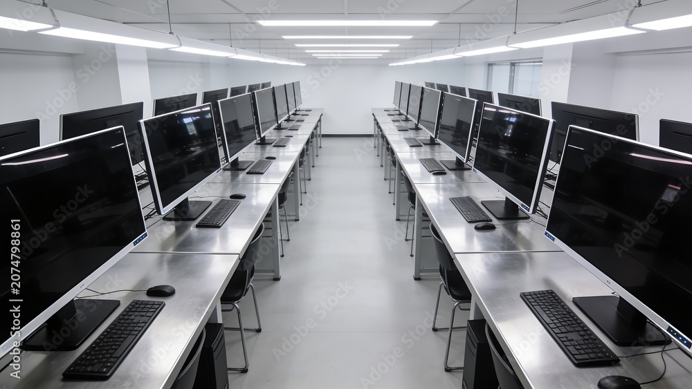 Obraz premium Empty Modern Computer Lab with Rows of Desktop Workstations