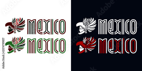 Mexico Typography Text with Aztec Eagle Warrior Headdress Logo Design Collection