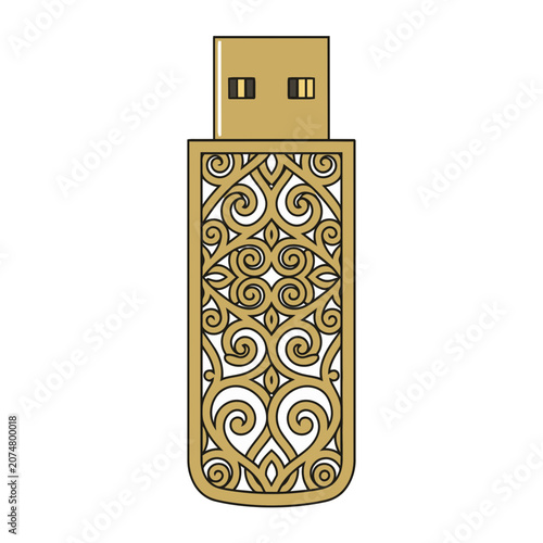 Golden USB flash drive with ornate pattern vector