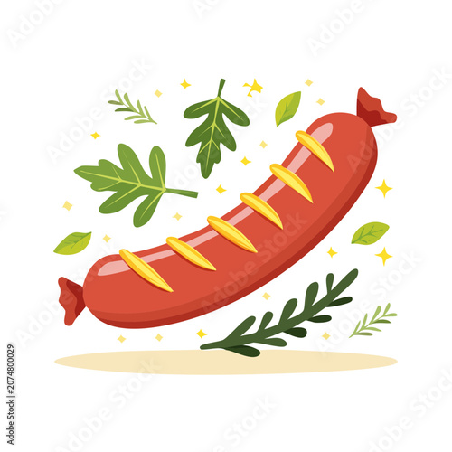 Grilled sausage with mustard and herbs vector illustration