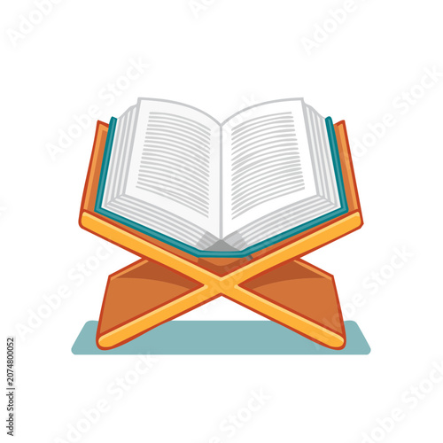 Open book on wooden stand flat vector illustration