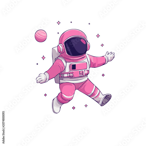Pink astronaut floating in space with planet and stars