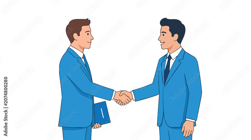 Fototapeta premium Corporate businessmen shaking hands to seal a deal in minimalist flat vector style for executive recruitment