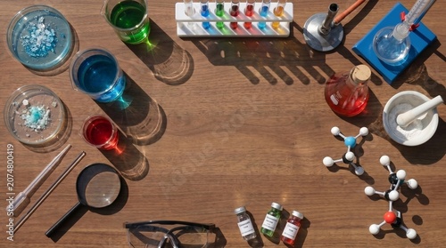 Foto Overhead View of Diverse Chemistry Lab Equipment and Molecular Models on Rustic