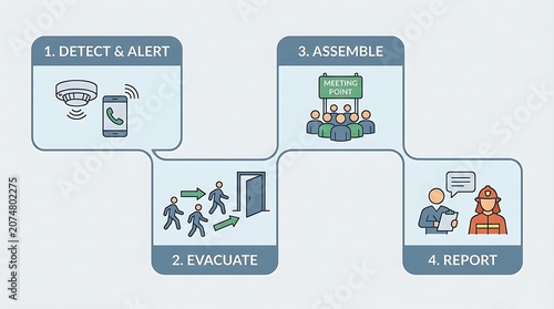 Fire Safety Evacuation Plan Steps: Detect, Alert, Assemble, Report, Emergency Preparedness Illustration for Business and Home Safety