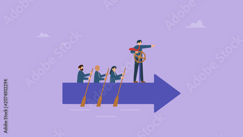 Businessman manager lead people teamwork sailing arrow. Leadership to lead team to the right direction, employee teamwork to help success, manager to motivate team or company to move forward concept.