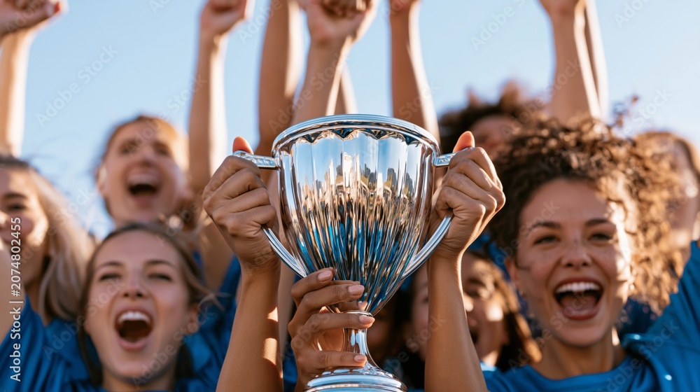 Obraz premium Group of soccer players celebrate their victory while holding a trophy in bright sunlight during an outdoor match in the afternoon