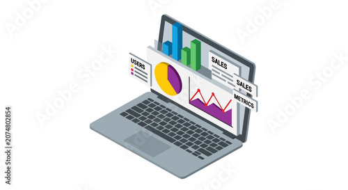 Laptop with colorful business graphs and charts on screen.