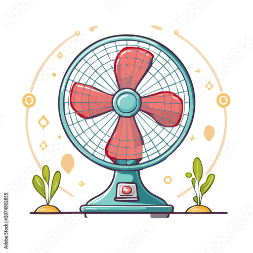 Flat illustration of a table fan with decorative elements