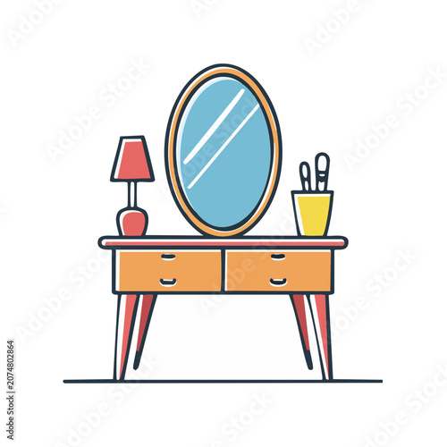 Flat illustration of a vanity table with mirror and accessories
