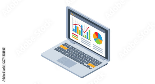 Laptop computer with colorful business graphs on screen.