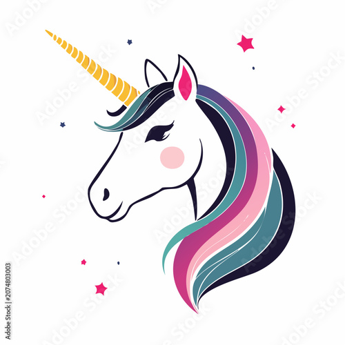 Stylized Unicorn Head with Colorful Mane and Golden Horn