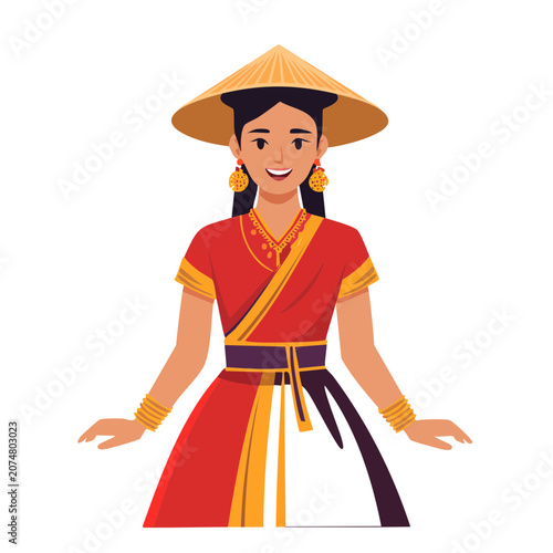 Woman in Traditional Red Dress and Conical Hat Vector Illustration