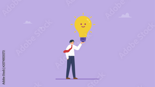 Konstfotografi Happy businessman holding smiling lightbulb idea with positive vibes around