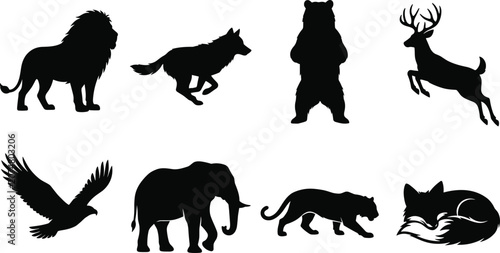 Canvas Print Wild animals and predators black silhouette collection featuring lion wolf bear