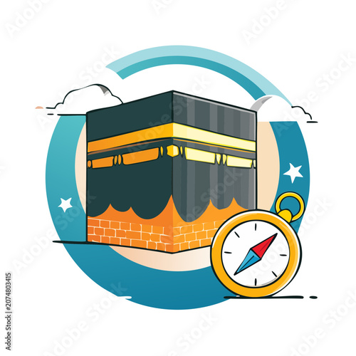 Flat vector illustration of Kaaba with compass and clock