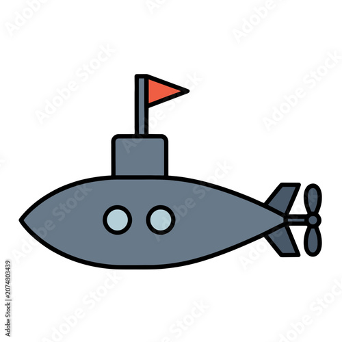 Gray submarine with flag and propeller, flat vector illustration