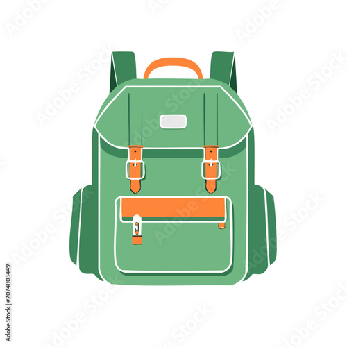 Green backpack flat vector illustration